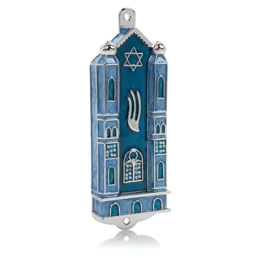 Blue Holy Ark Mezuzah Case — Kosher Scroll Not Included