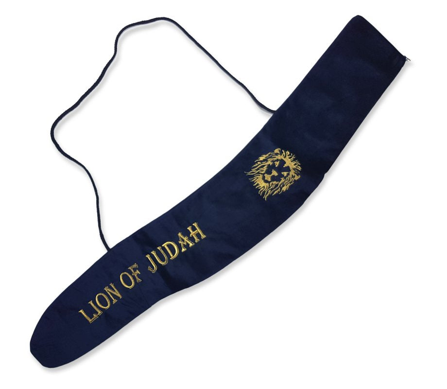 Blue velvet Yemenite shofar bag with embroidered Lion of Judah