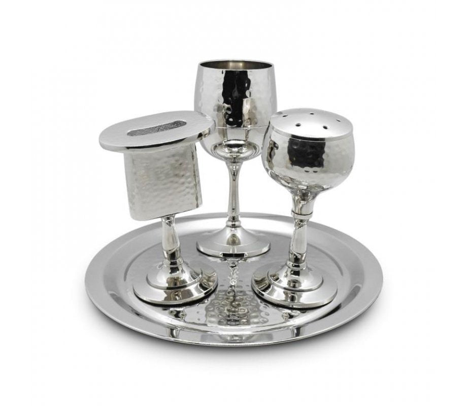 Four-piece hammered nickel havdalah set — cup, spice box, candle holder, tray
