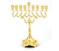 Gold Chanukah menorah on stem with scroll design, 8 inches