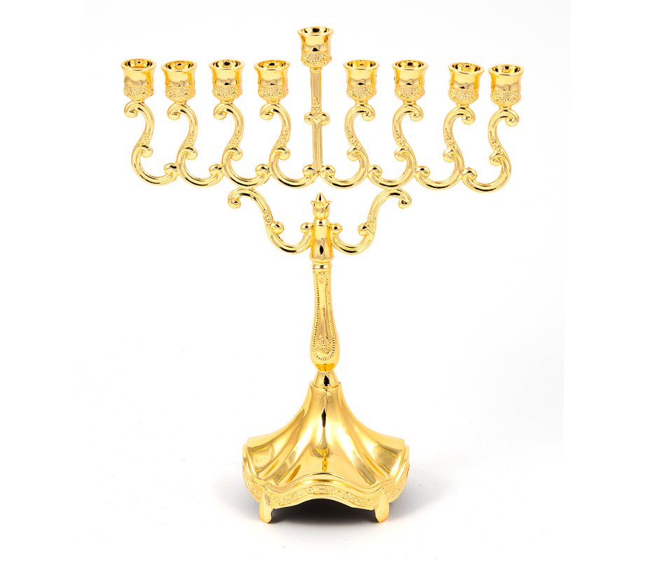 Gold Chanukah menorah on stem with scroll design, 8 inches