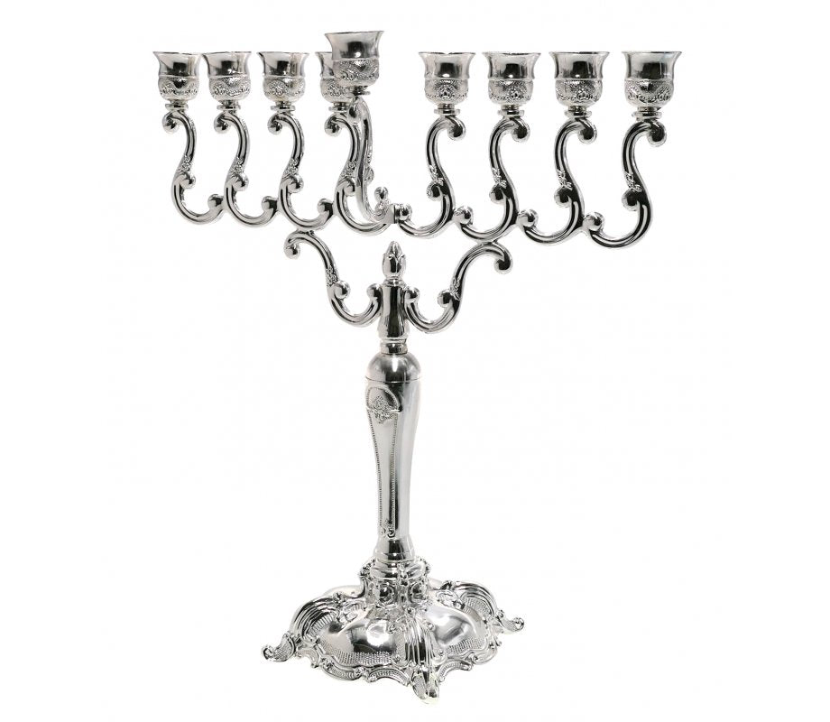 Silver plated Chanukah menorah, classic scroll design, 14 inches