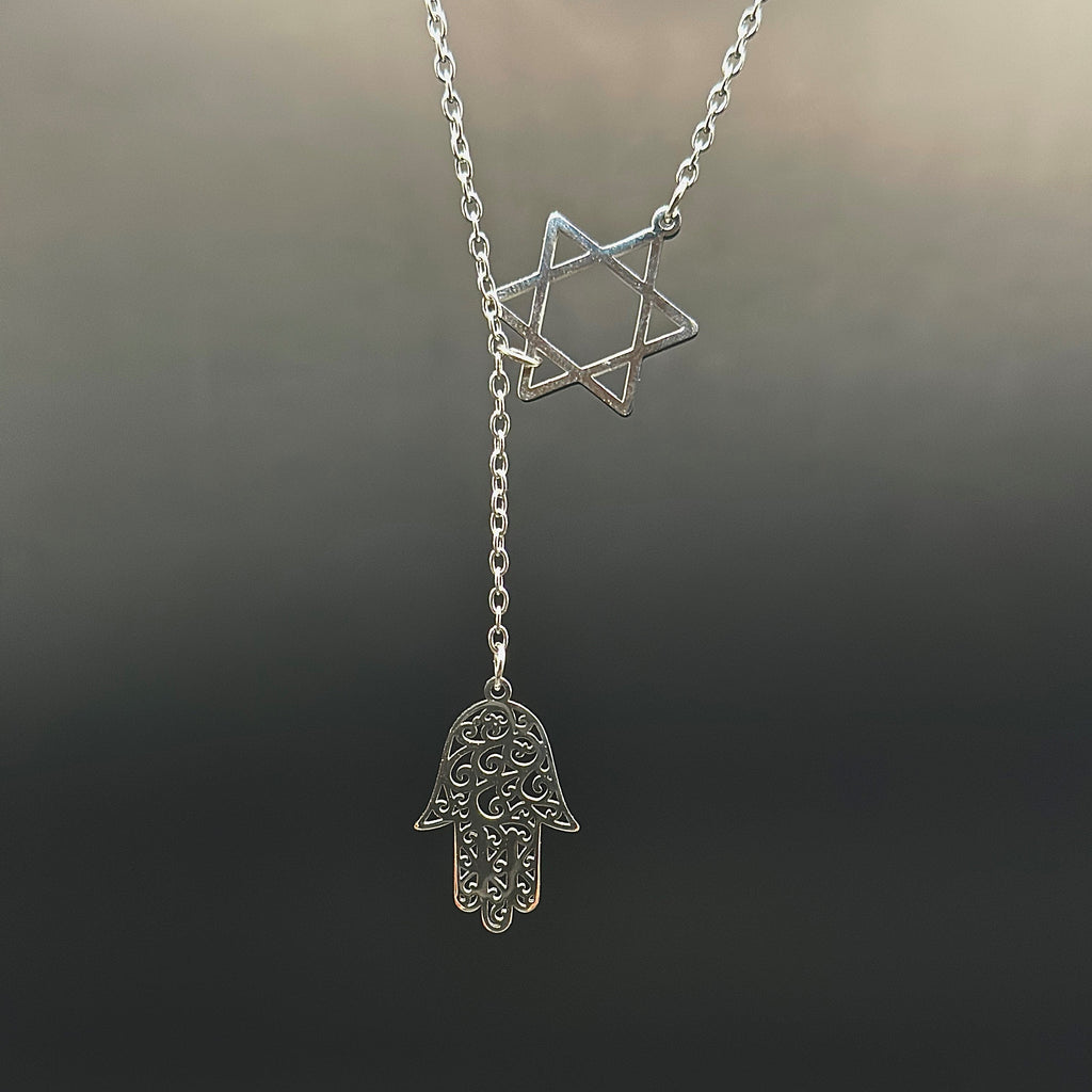 Star of David &amp; Hamsa Drop Necklace — 18K Gold Plated