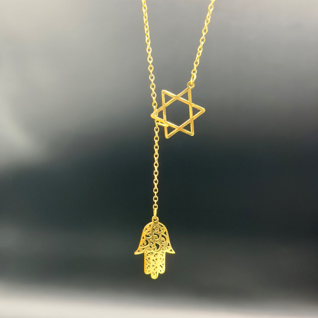 Star of David &amp; Hamsa Drop Necklace — 18K Gold Plated