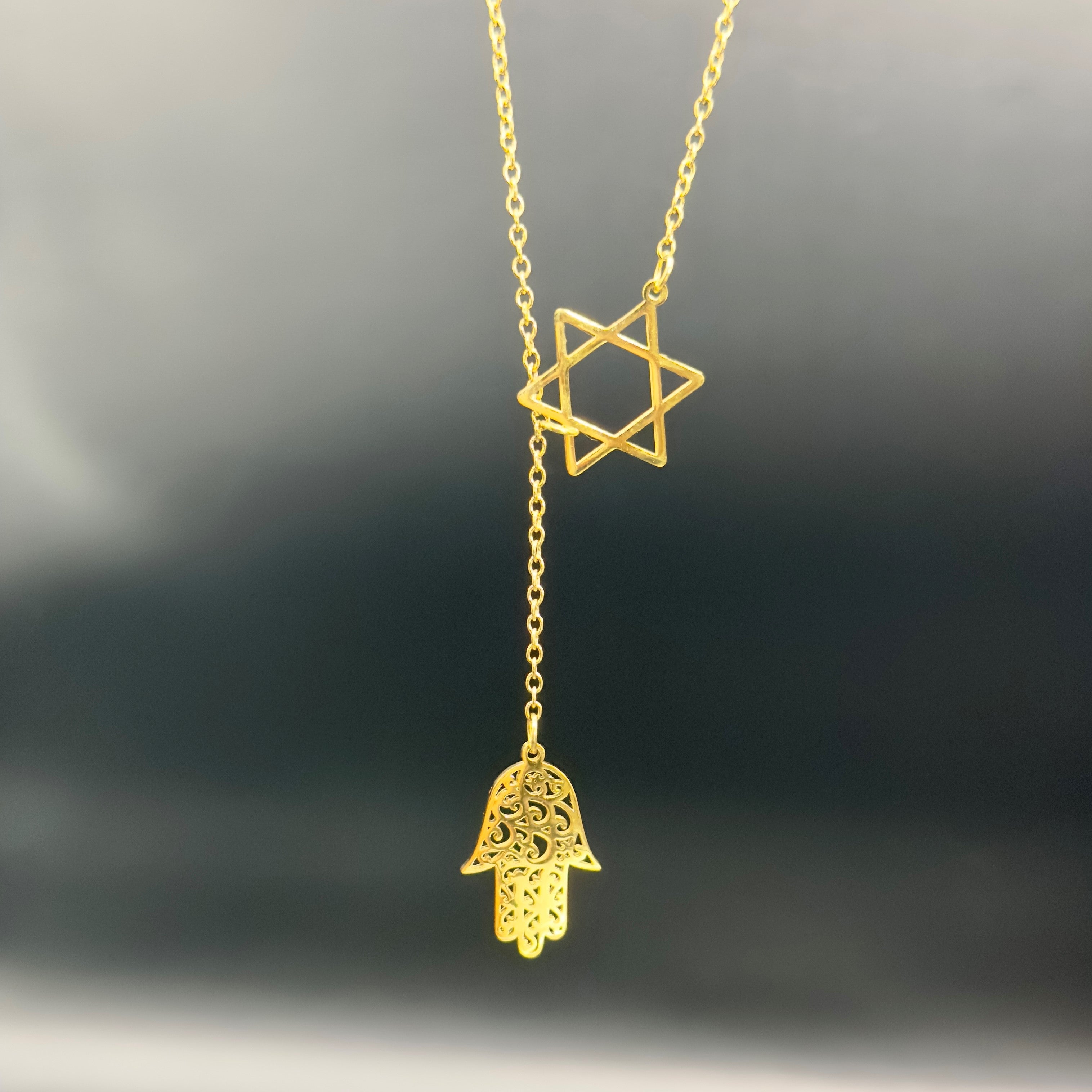 Star of David &amp; Hamsa Drop Necklace — 18K Gold Plated
