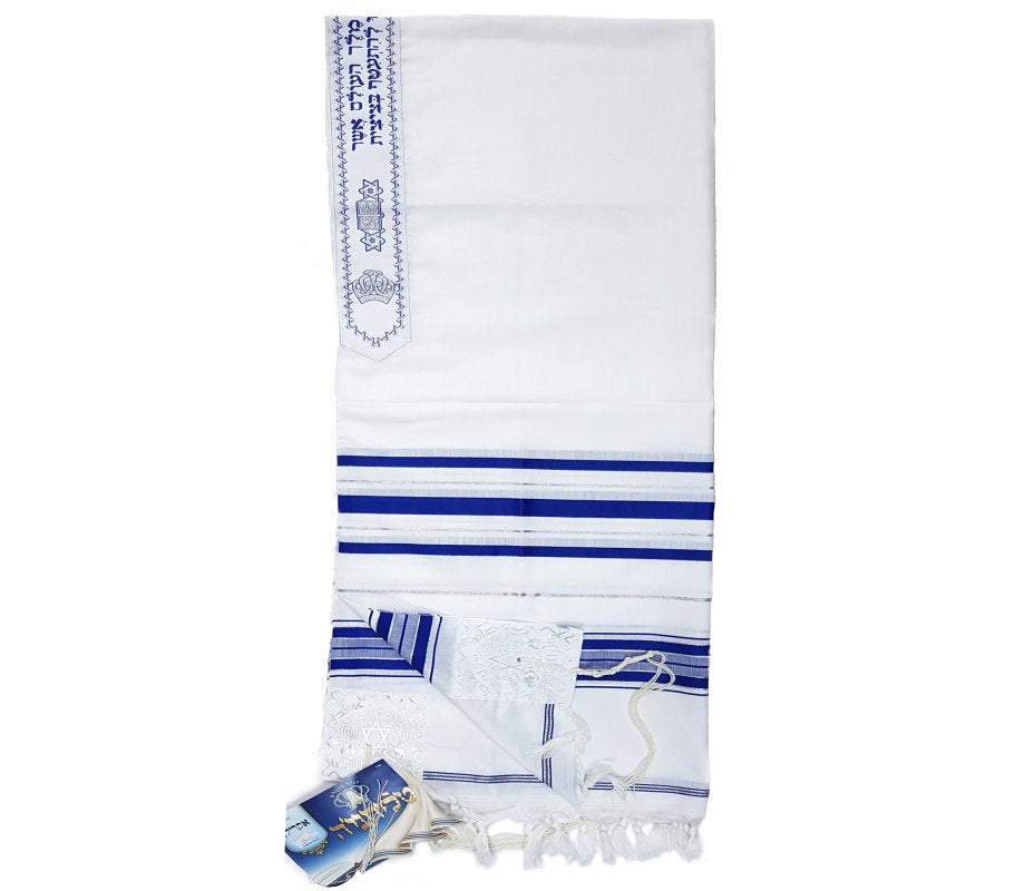 Talitnia acrylic tallit with blue and silver stripes, kosher tzitzit attached