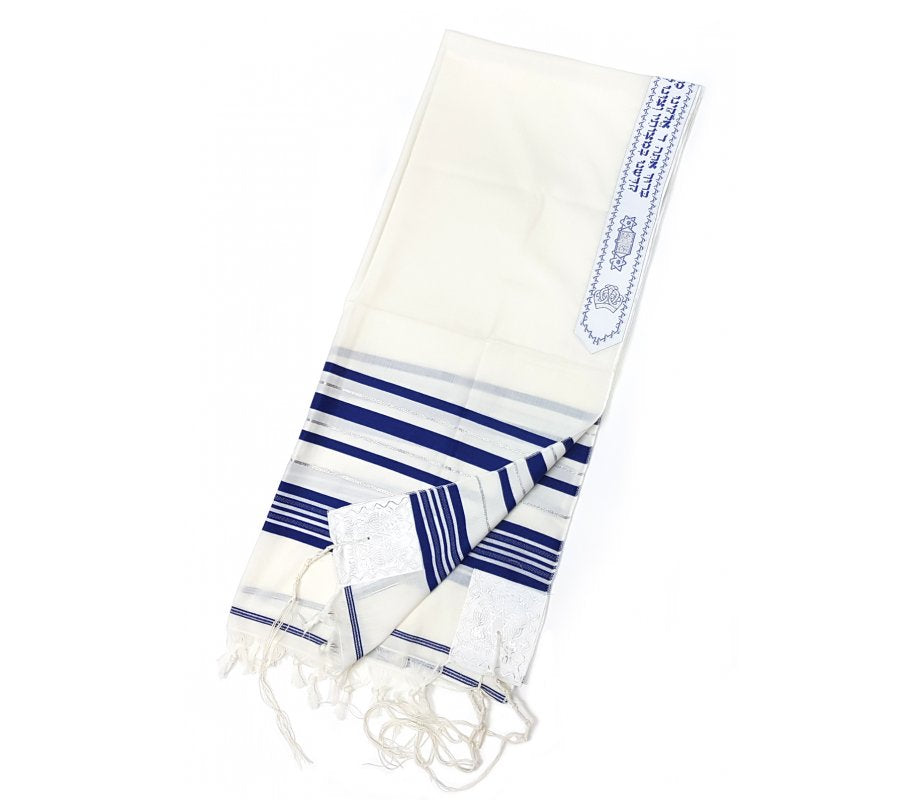 Talitnia wool tallit with blue and silver stripes, kosher, made in Israel