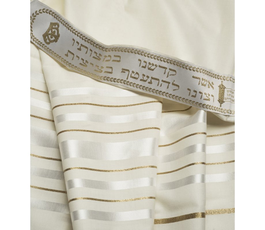 Talitnia wool tallit with white and gold stripes, kosher, made in Israel