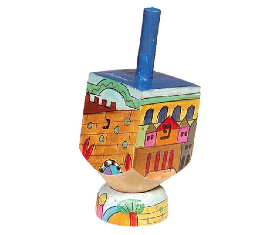 Yair Emanuel hand-painted wood dreidel on stand with Jerusalem images