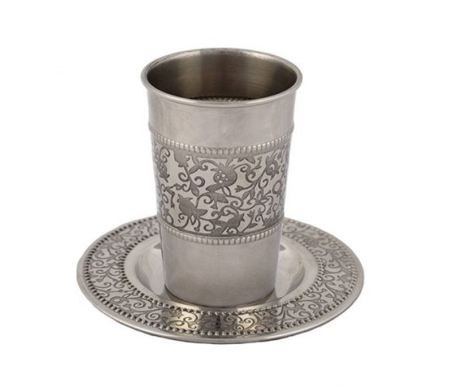 Yair Emanuel stainless steel kiddush cup and saucer with pomegranate design